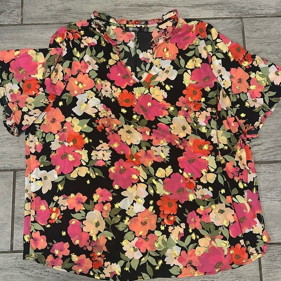 cure Tops - Cure Cute Floral Womens Dress Top Colorful with Gold Foil Plus Size 2X